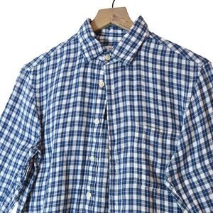 Uniqlo XS Blue Plaid 100% Linen Shirt Men's Long Sleeve Button Up Summer